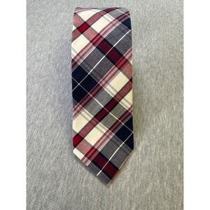 Merona Mens Plaid Necktie Navy Blue‎ Burgundy Red White 100% Cotton 044110013